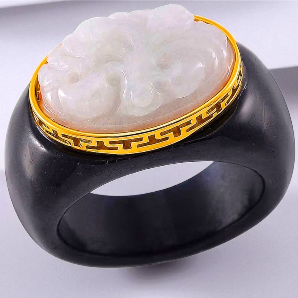18K Yellow Gold Vermeil Hand Carved Natural and Black Jade 49.60 ctw Ring